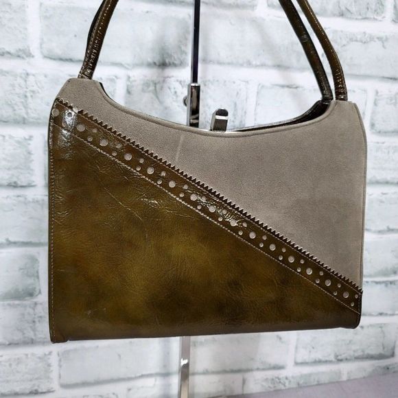 Vintage 60s Lennox Bags Two Tone Green Grey Leather‎ Vinyl Shoulder Bag Purse - Picture 2 of 15